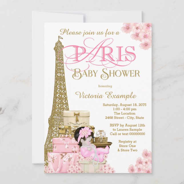 Rosa och guld Paris baby shower inbjudningar (Framsida)