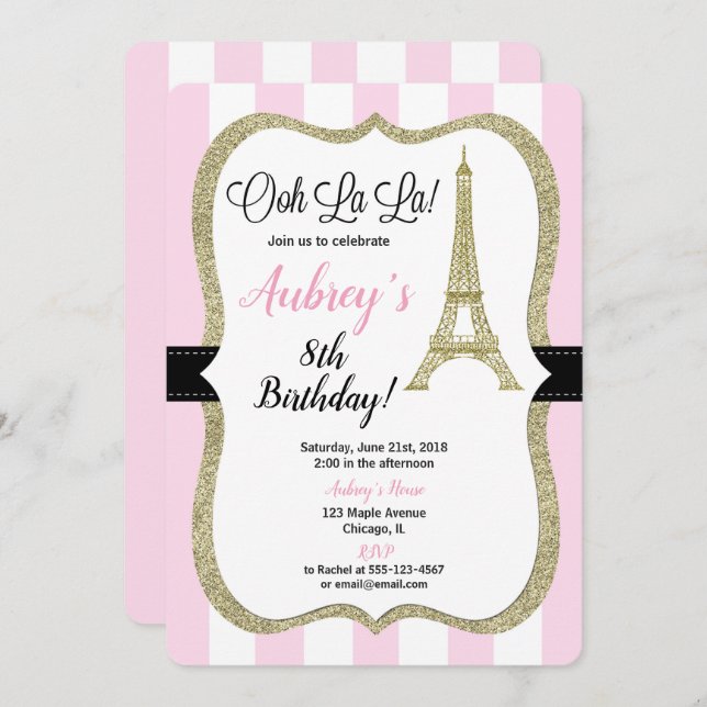 Rosa och guld Paris-födelsedagsinbjudan till flick Inbjudningar (Fram/baksida)