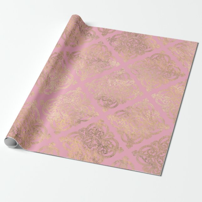 Rosa och guld Paris folie damast Presentpapper (Utrullad)