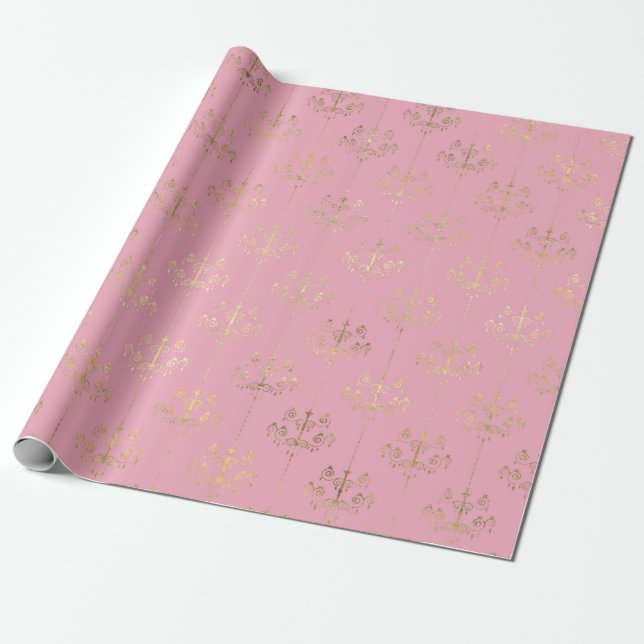 Rosa och guld Paris folie ljuskrona mönster Presentpapper (Utrullad)