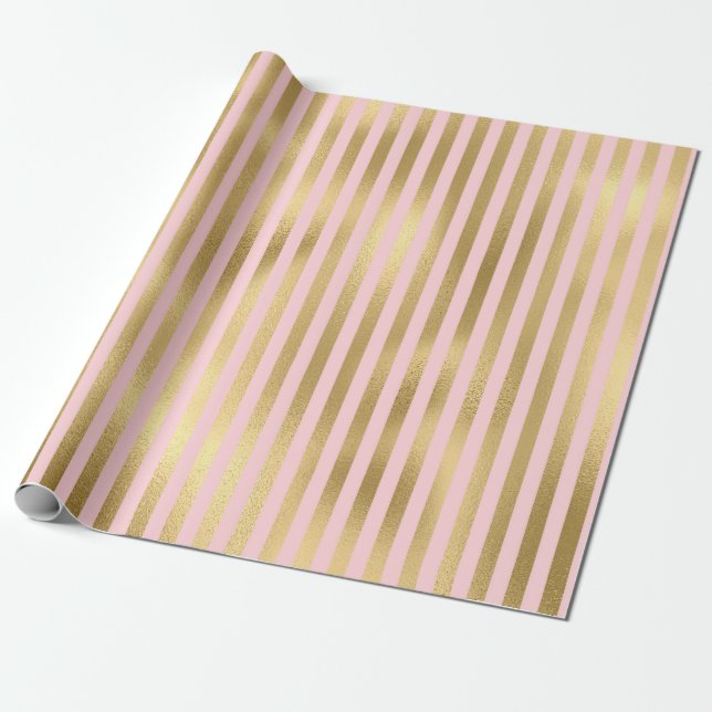 Rosa och guld Paris Glimmerfolie Ränder Mönster Presentpapper (Utrullad)
