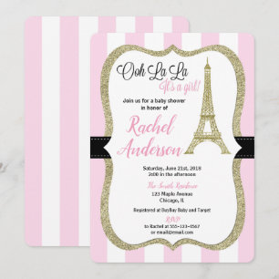 Rosa och guld paris, inbjudan till babydusch