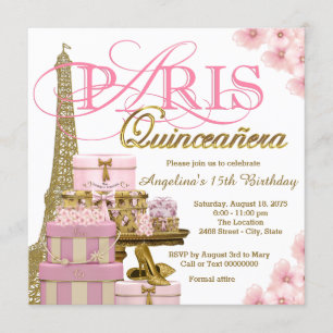 Rosa och guld Paris Quinceanera Inbjudningar