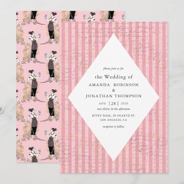 Rosa och Guld Paris Thécalligraphy Bröllop Inbjudningar (Fram/baksida)