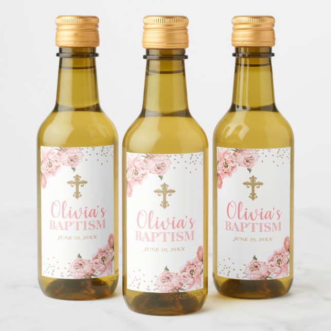 Rosa och Guld Peony Blommigt Baptism Mini Vin-etik Vinetikett (Flaskor)