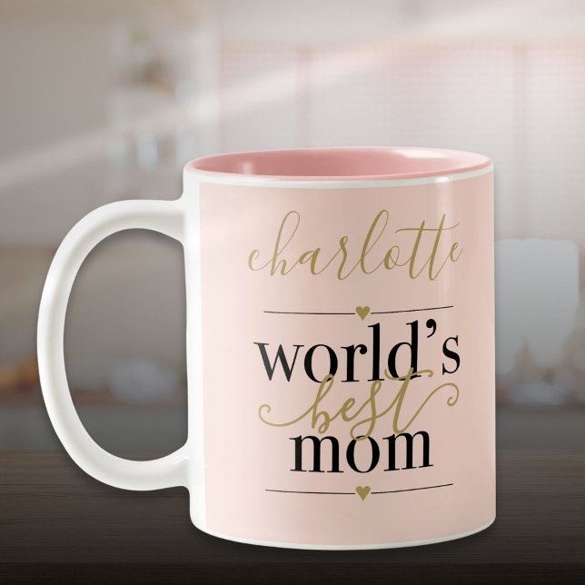 Rosa och Guld Personlig Världens Bästa Mamma Två-Tonad Mugg (Blush Pink and Gold Personalized Worlds Best Mom Two-Tone Coffee Mug)