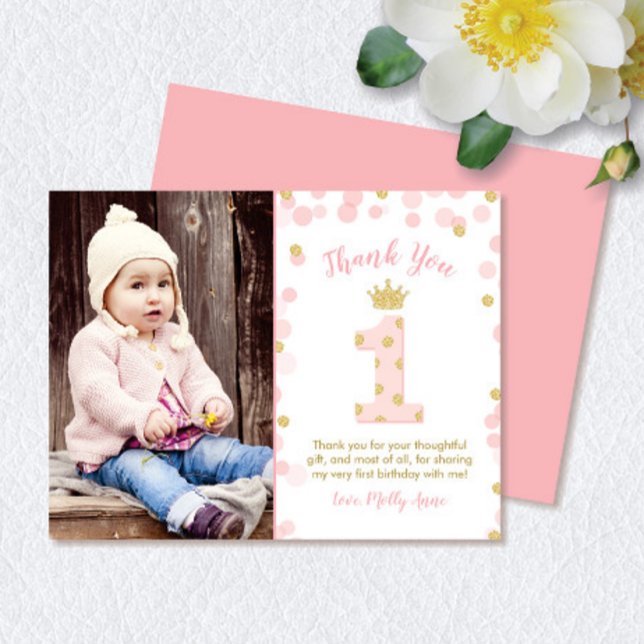 Rosa och Guld Princess 1:a födelsedag - tack för d Inbjudningar (Princess Pink & Gold Glitter 1st Birthday Thank You Note Card)