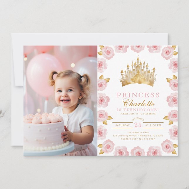 Rosa och Guld Princess 1:a födelsedagsfoto Inbjudningar (Framsida)