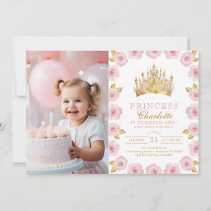 Rosa och Guld Princess 1:a födelsedagsfoto Inbjudningar