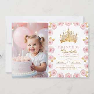 Rosa och Guld Princess 1:a födelsedagsfoto Inbjudningar