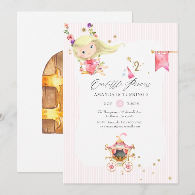 Rosa och Guld Princess 2:a födelsedagen Party Inbjudningar (Fram/baksida)