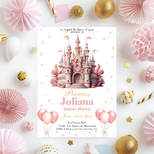 Rosa och Guld Princess Castle Birthday bjudande Inbjudningar