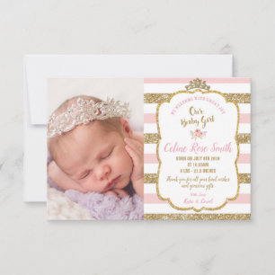 Rosa och Guld Princess Flicka Birth Meddelande