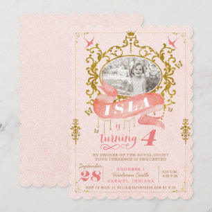 Rosa och guld- Princess födelsedagsfest inbjudan