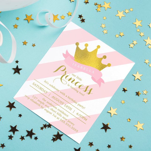 Rosa och Guld Princess Födelsedagsfest Inbjudningar (Skapare uppladdad)