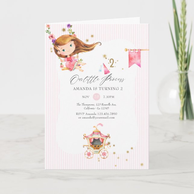 Rosa och Guld Princess Girl Girl 2 Birthday Party Inbjudan (Framsida)