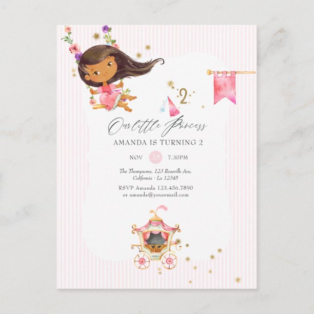 Rosa och Guld Princess Girl Girl 2 Birthday Party Inbjudan Vykort (Framsida)