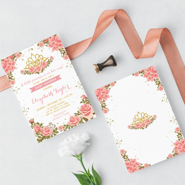 Rosa och Guld Princess Krona Blommigt Baby Shower Inbjudningar (Skapare uppladdad)