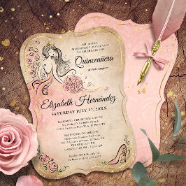 Rosa och Guld Princess Quinceanera Birthday Inbjudningar