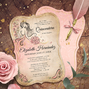 Rosa och guld Prinsessa Quinceanera Födelsedag Inbjudningar