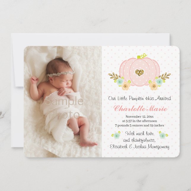 Rosa och Guld Pumpkin Baby Birth Notice Meddelande (Framsida)