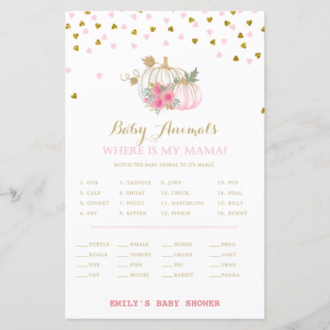 rosa och Guld Pumpkin Baby Shower Game (Framsida)