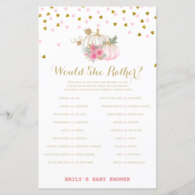 rosa och Guld Pumpkin Baby Shower Game (Framsida)