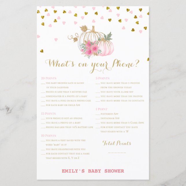 rosa och Guld Pumpkin Baby Shower Game (Framsida)