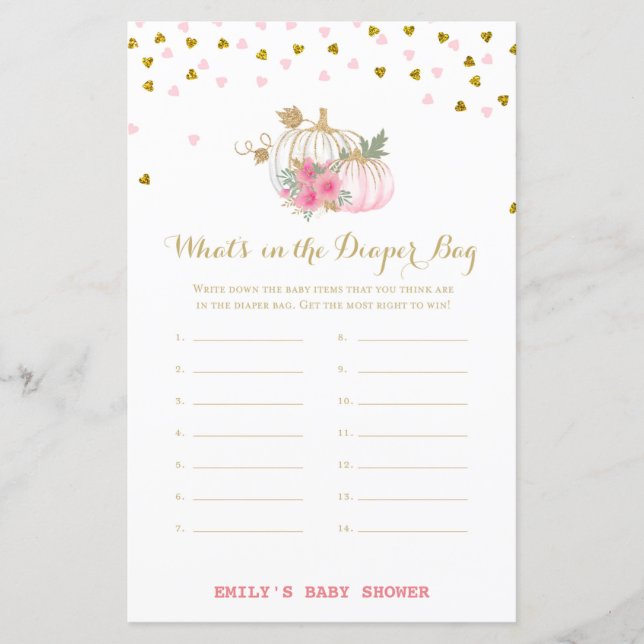 rosa och Guld Pumpkin Baby Shower Game (Framsida)