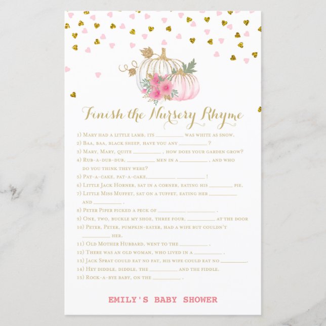 rosa och Guld Pumpkin Baby Shower Game (Framsida)