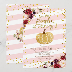 Rosa och Guld Pumpkin-inbjudan första födelsedag Inbjudningar