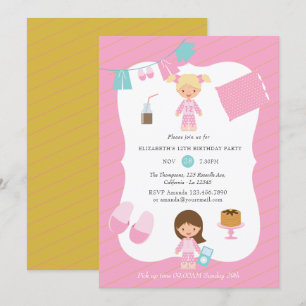 Rosa och guld Pyjamas Pannkaka Flickas Födelsedags Inbjudningar