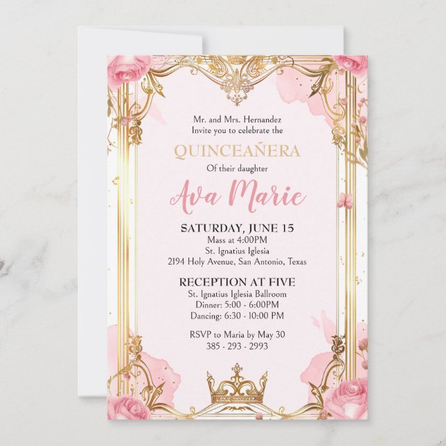 Rosa och Guld Quinceañera-inbjudan Inbjudningar (Framsida)