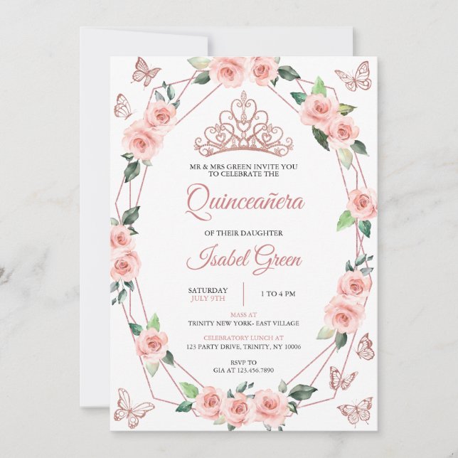  Rosa och Guld Quinceañera Inbjudningar (Framsida)