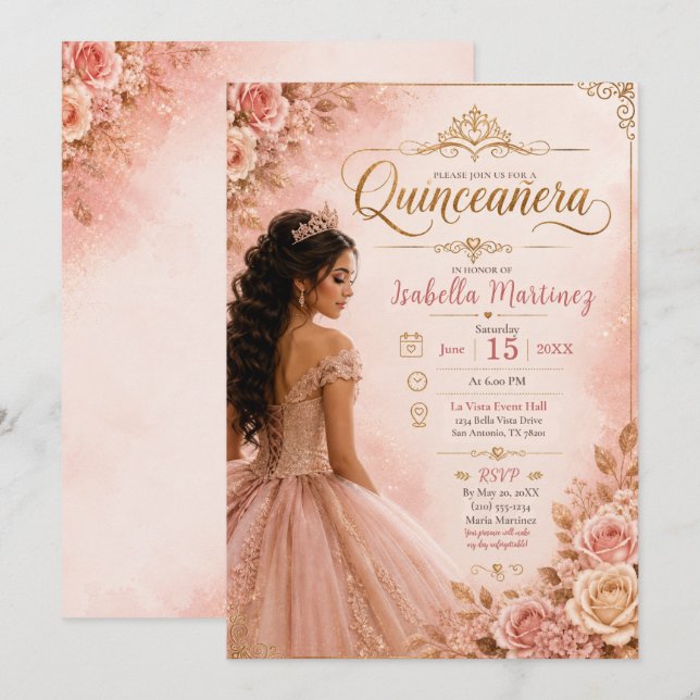 Rosa och guld Quinceañera Inbjudningar (Fram/baksida)