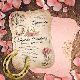 Rosa och Guld Quinceanera Rustic Horse Birthday Inbjudningar