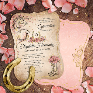 Rosa och Guld Quinceanera Rustic Horse Birthday Inbjudningar