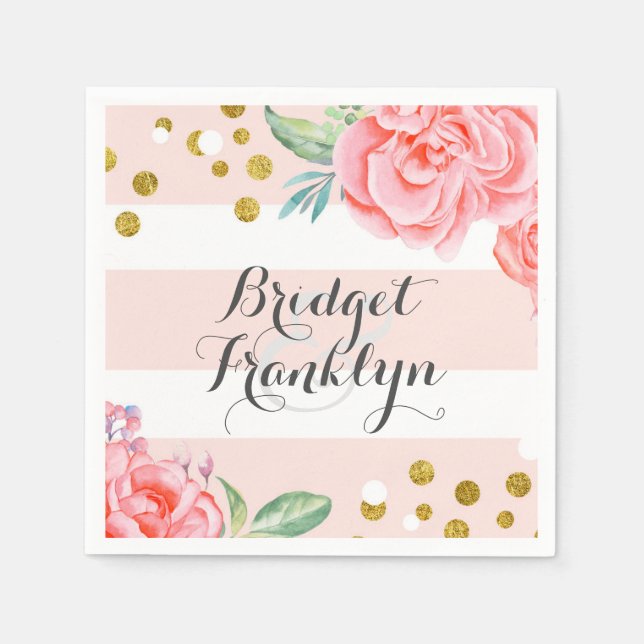 rosa och guld rand konetti blommigt bröllop pappersservett (Framsidan)
