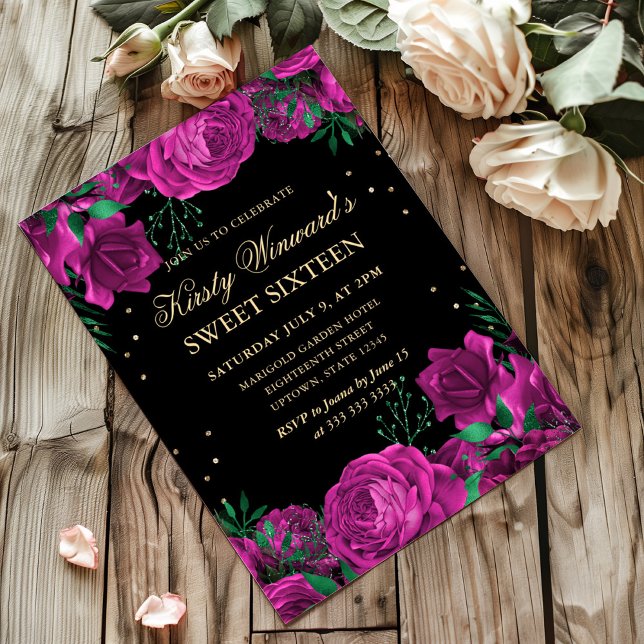 Rosa och Guld Ro Gräns Blommigt Sweet sixteen Inbjudningar (Skapare uppladdad)
