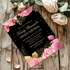 Rosa och Guld Ro Gräns Blommigt Sweet sixteen Inbjudningar