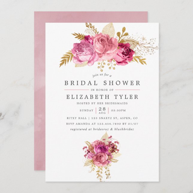 Rosa och Guld Ro Vattenfärgsfärgad Möhippa Inbjudningar (Fram/baksida)