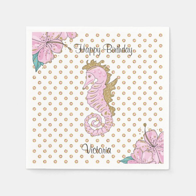 Rosa och Guld Seahorse Gem Stone Papper Napkins Pappersservett (Framsidan)