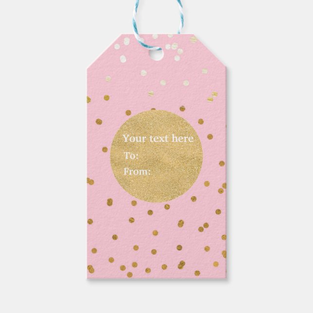 Rosa och Guld Shiny Confetti Dots Chic Modern Presentetikett (Framsidan)