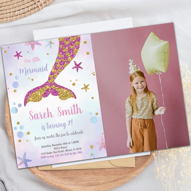 Rosa och Guld Sjöjungfru Glitter Svan födelsedag Inbjudningar (Pink and Gold Mermaid Glitter Tail Invitations pho)