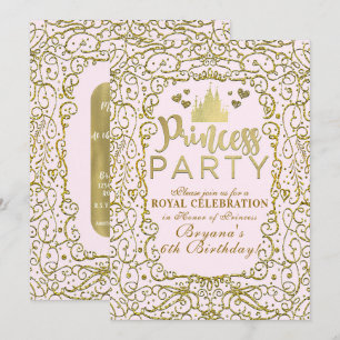 Rosa och Guld Slott PRINCESS PARTY Födelsedag Inbjudningar