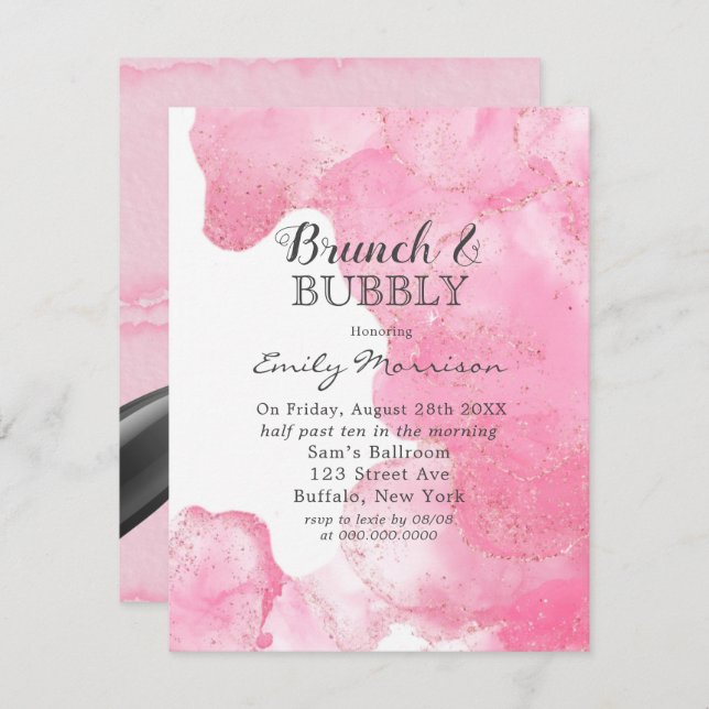 Rosa och Guld Smoke Glitter Brunch & Bubly Invit Inbjudningar (Fram/baksida)