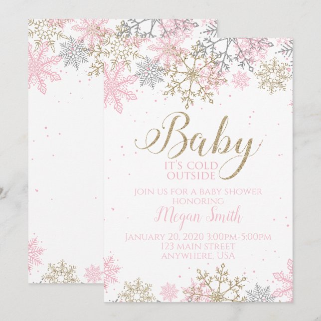 Rosa och guld snöflinga vinter baby shower inbjudningar (Fram/baksida)