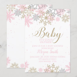 Rosa och guld snöflinga vinter baby shower inbjudningar
