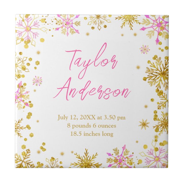 Rosa och Guld Snöflingor Baby fågelstatistik Kakelplatta (Framsidan)