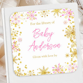 Rosa och Guld Snöflingor Baby Shower Bookplate Fyrkantigt Klistermärke